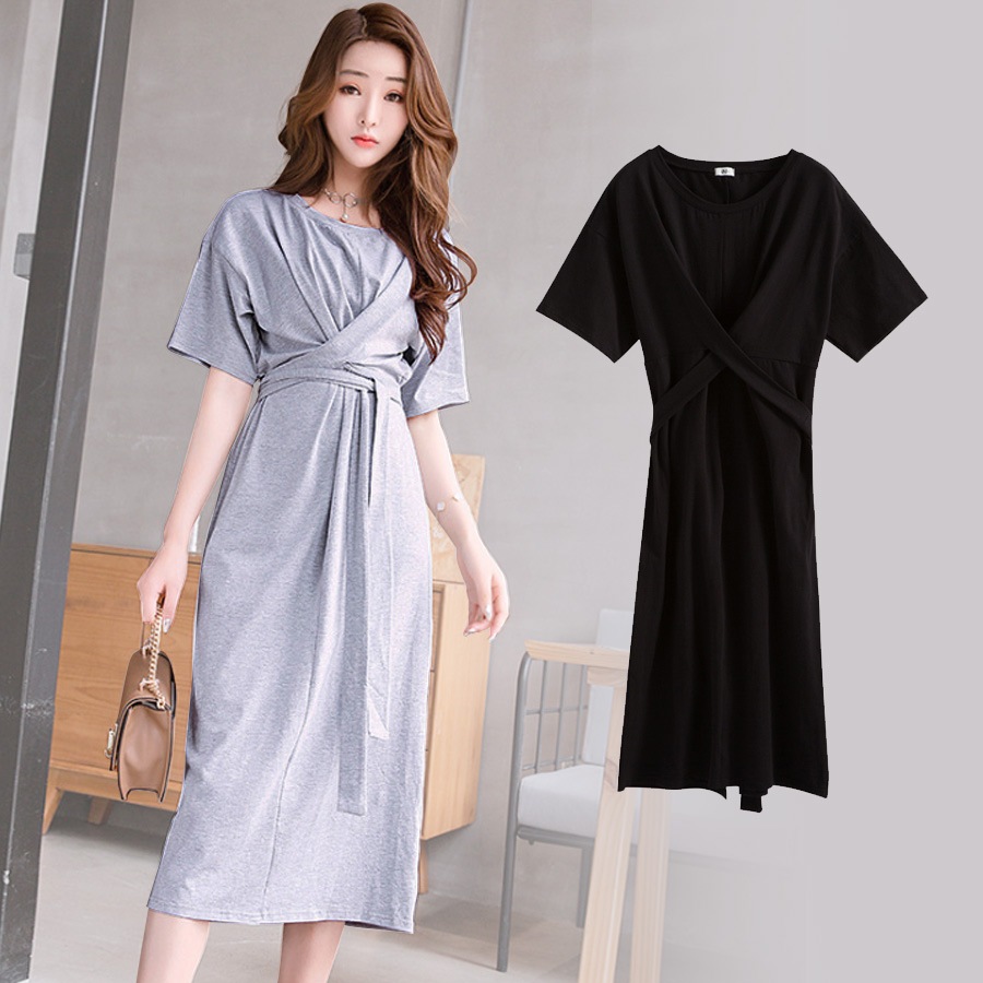 ワンピース レディース 半袖 ミモレ丈 ウエストクロス フロントリボン バックスリット 膝下丈 綿 薄手 春 夏 秋 冬 シンプル ブラック 黒 グレー JOCOSA 8819 送料無料 即納