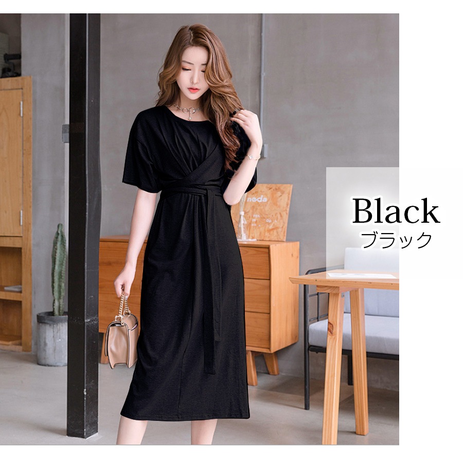 ワンピース レディース 半袖 ミモレ丈 ウエストクロス フロントリボン バックスリット 膝下丈 綿 薄手 春 夏 秋 冬 シンプル ブラック 黒 グレー JOCOSA 8819 送料無料 即納
