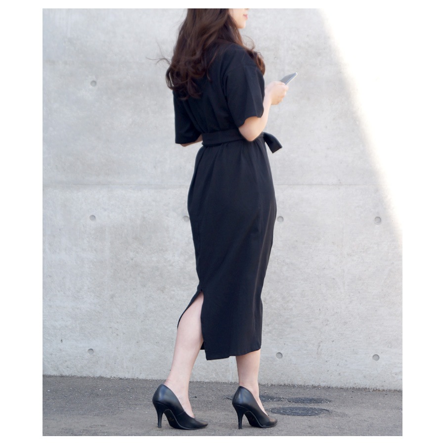 ワンピース レディース 半袖 ミモレ丈 ウエストクロス フロントリボン バックスリット 膝下丈 綿 薄手 春 夏 秋 冬 シンプル ブラック 黒 グレー JOCOSA 8819 送料無料 即納