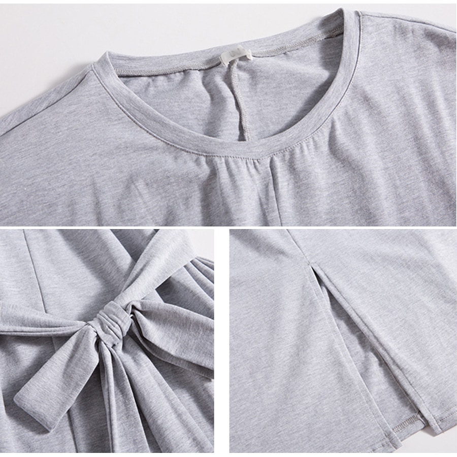 ワンピース レディース 半袖 ミモレ丈 ウエストクロス フロントリボン バックスリット 膝下丈 綿 薄手 春 夏 秋 冬 シンプル ブラック 黒 グレー JOCOSA 8819 送料無料 即納