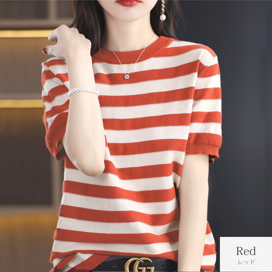 トップス　ニット ボーダー 半袖　ラウンドネック レディース 春服 夏服 新作 JOCOSA 7246
