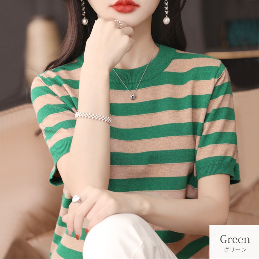 トップス　ニット ボーダー 半袖　ラウンドネック レディース 春服 夏服 新作 JOCOSA 7246