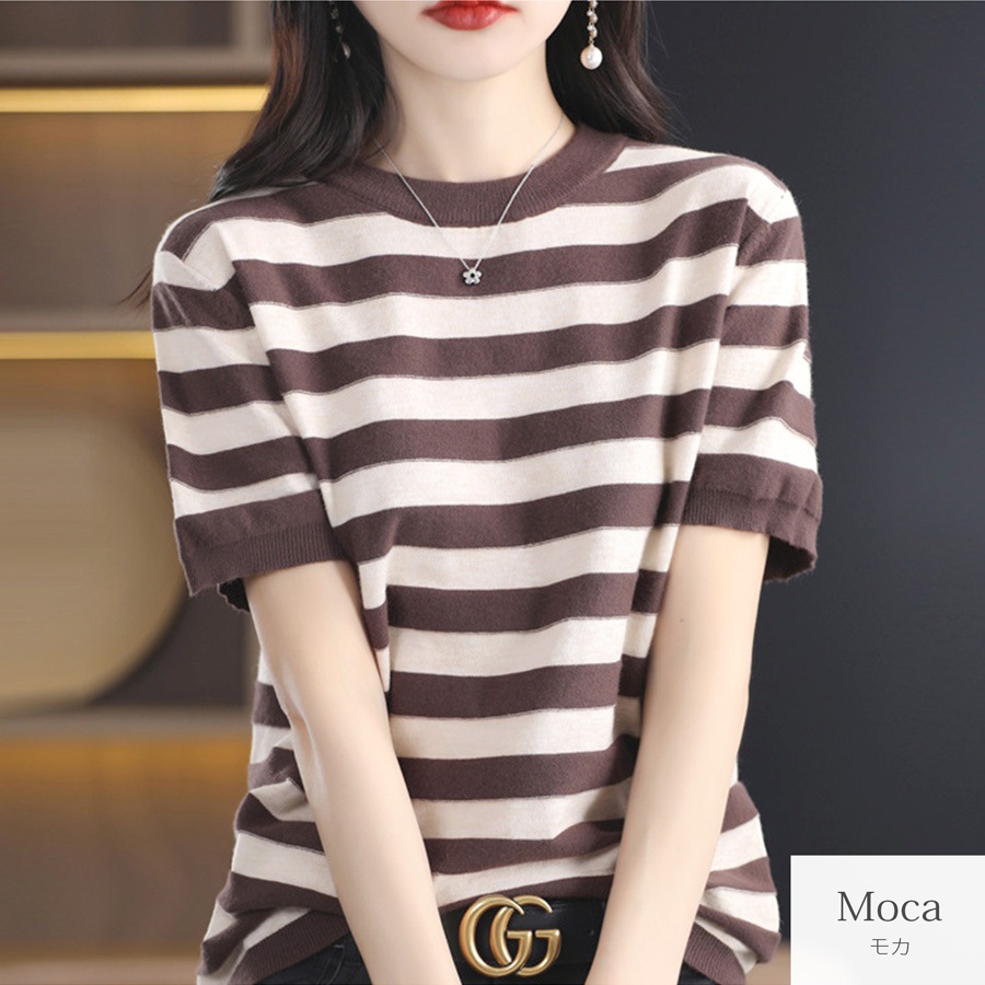 トップス　ニット ボーダー 半袖　ラウンドネック レディース 春服 夏服 新作 JOCOSA 7246