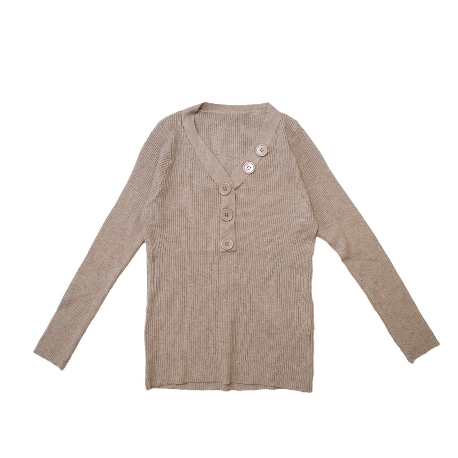 ブラウン ボタン付きVネック長袖ニット OUR WACOAL ニット セーター カップ付きVネックニット 長袖