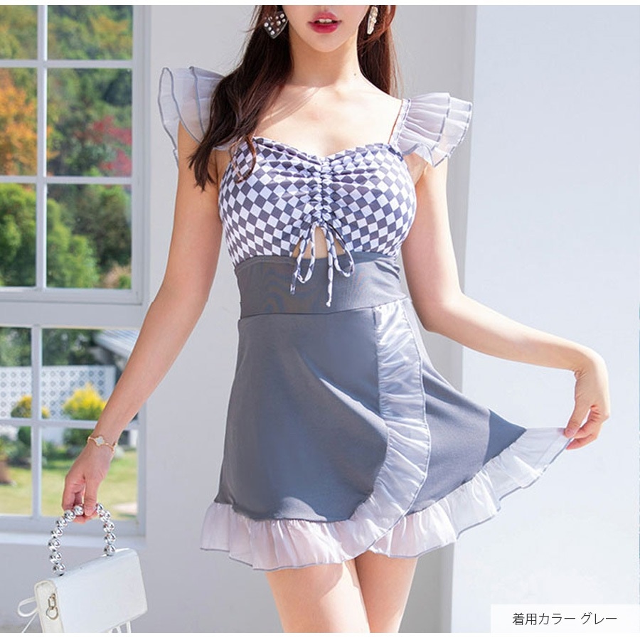 水着 ワンピース フリル ハイウエスト リボン ギンガムチェック 体型カバー 着やせ セクシー 夏 パッド付き 大人 おしゃれ レディース ブラック グレー M L XL JOCOSA 9824