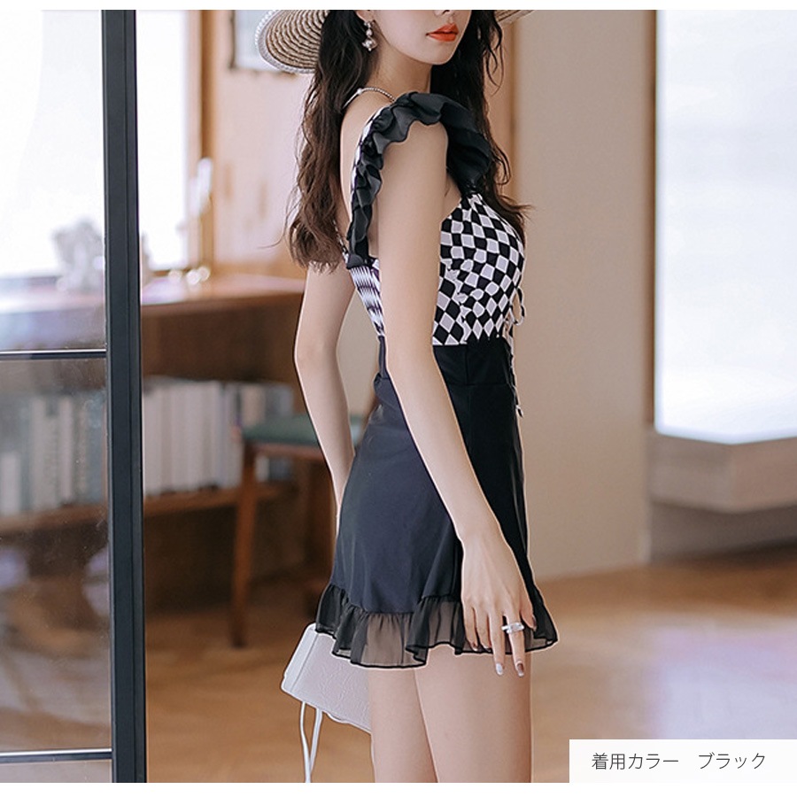 水着 ワンピース フリル ハイウエスト リボン ギンガムチェック 体型カバー 着やせ セクシー 夏 パッド付き 大人 おしゃれ レディース ブラック グレー M L XL JOCOSA 9824