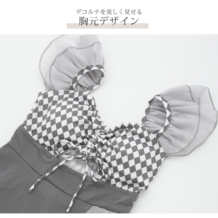 水着 ワンピース フリル ハイウエスト リボン ギンガムチェック 体型カバー 着やせ セクシー 夏 パッド付き 大人 おしゃれ レディース ブラック グレー M L XL JOCOSA 9824