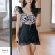 水着 ワンピース フリル ハイウエスト リボン ギンガムチェック 体型カバー 着やせ セクシー 夏 パッド付き 大人 おしゃれ レディース ブラック グレー M L XL JOCOSA 9824