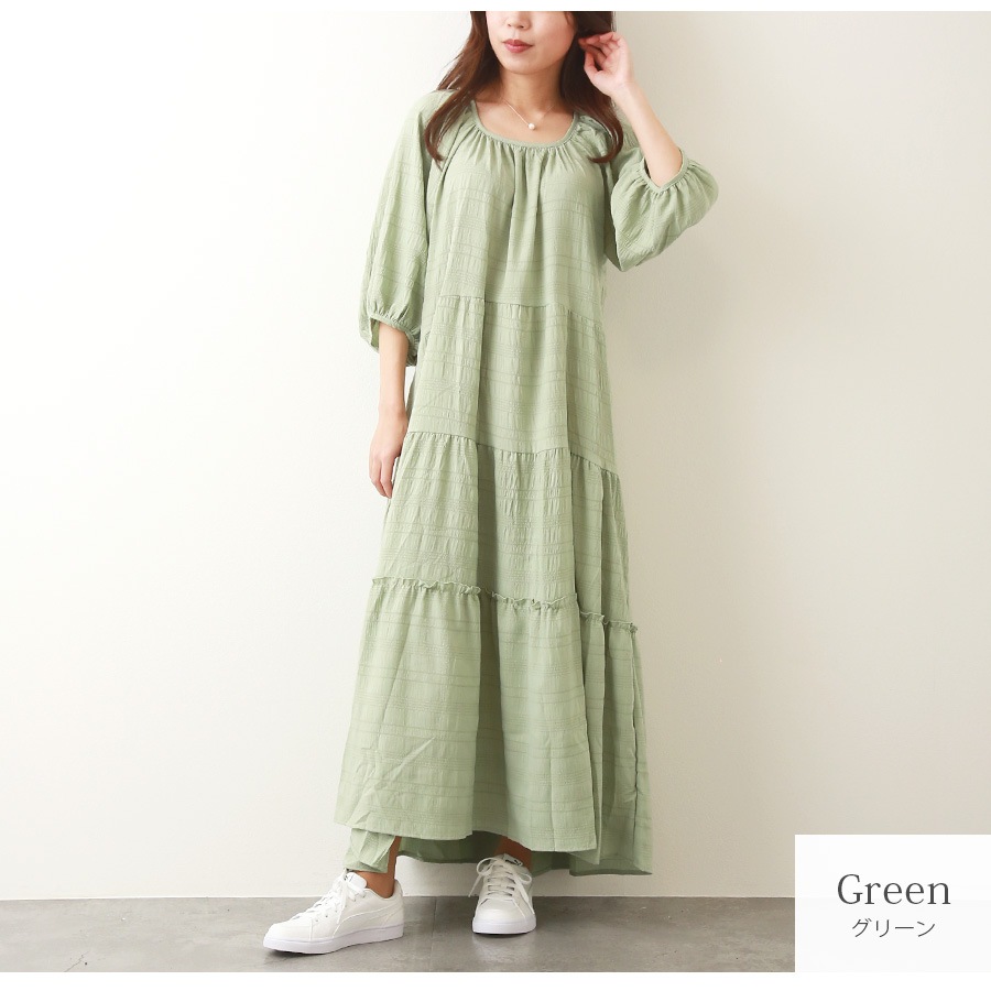 ワンピース ティアード ロング丈 ワンピ スクエアネック くすみカラー 韓国ファッション レディース 春 秋 新作 ブラウン グリーン フリーサイズ JOCOSA 9253