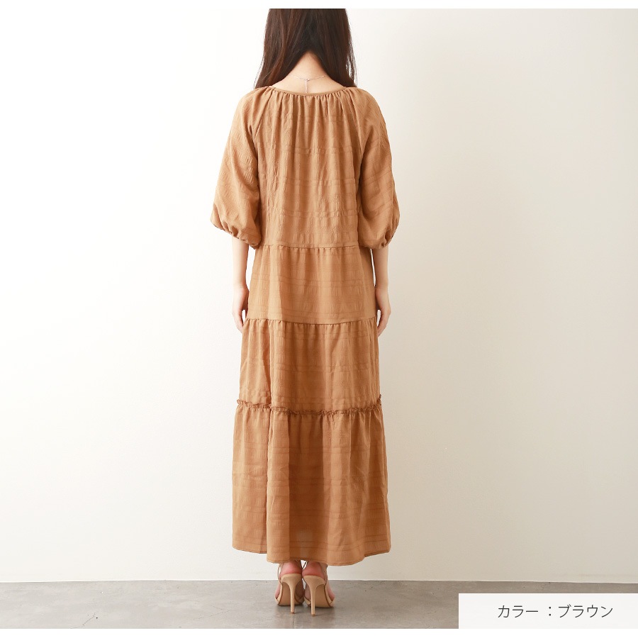 ワンピース ティアード ロング丈 ワンピ スクエアネック くすみカラー 韓国ファッション レディース 春 秋 新作 ブラウン グリーン フリーサイズ JOCOSA 9253