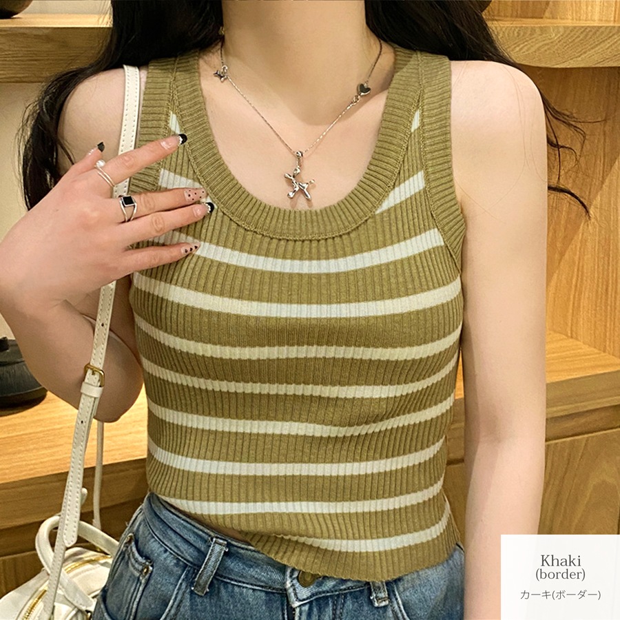 トップス ニット ノースリーブ ボーダー 無地 ラウンドネック レディース ミディ丈 フリーサイズ JOCOSA 7252