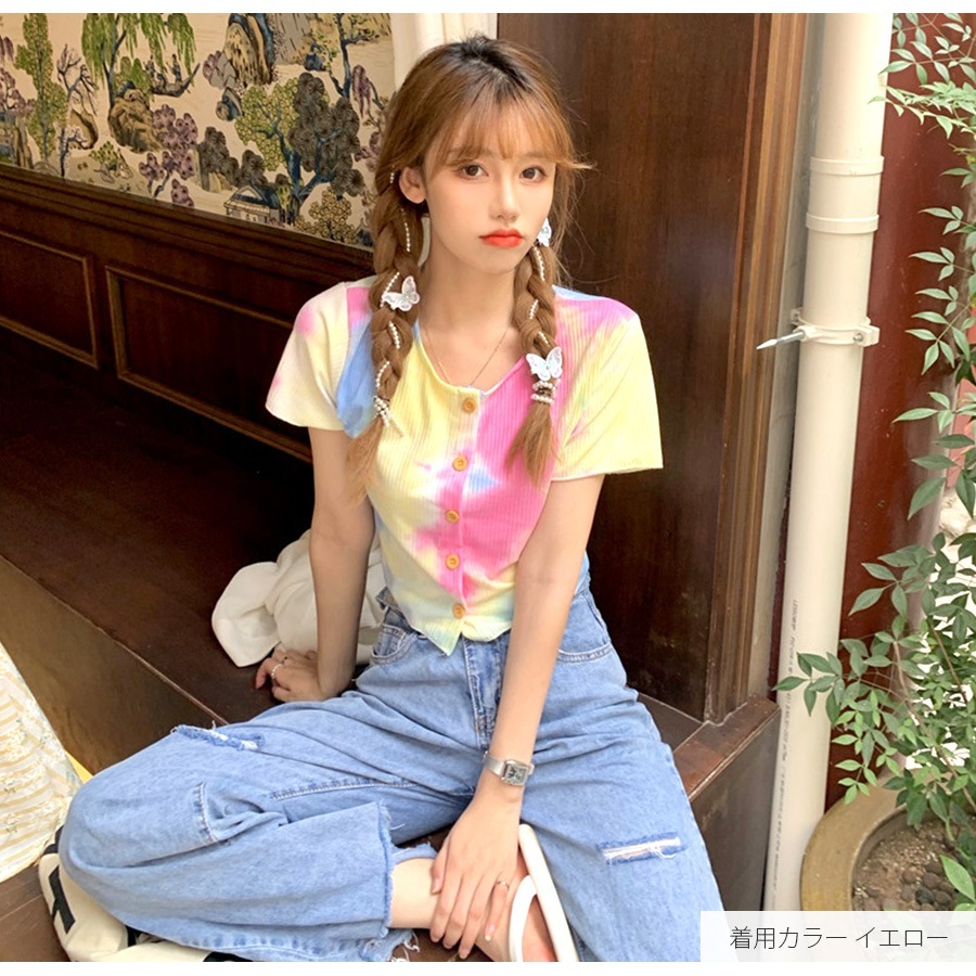 ショート丈トップス カットソー タイダイ柄 夏 リブ ボタン 半袖 カジュアル おしゃれ 韓国ファッション レディース 春 秋 ブルー 青 イエロー 黄色 パープル 紫 オレンジ フリーサイズ JOCOSA 7136