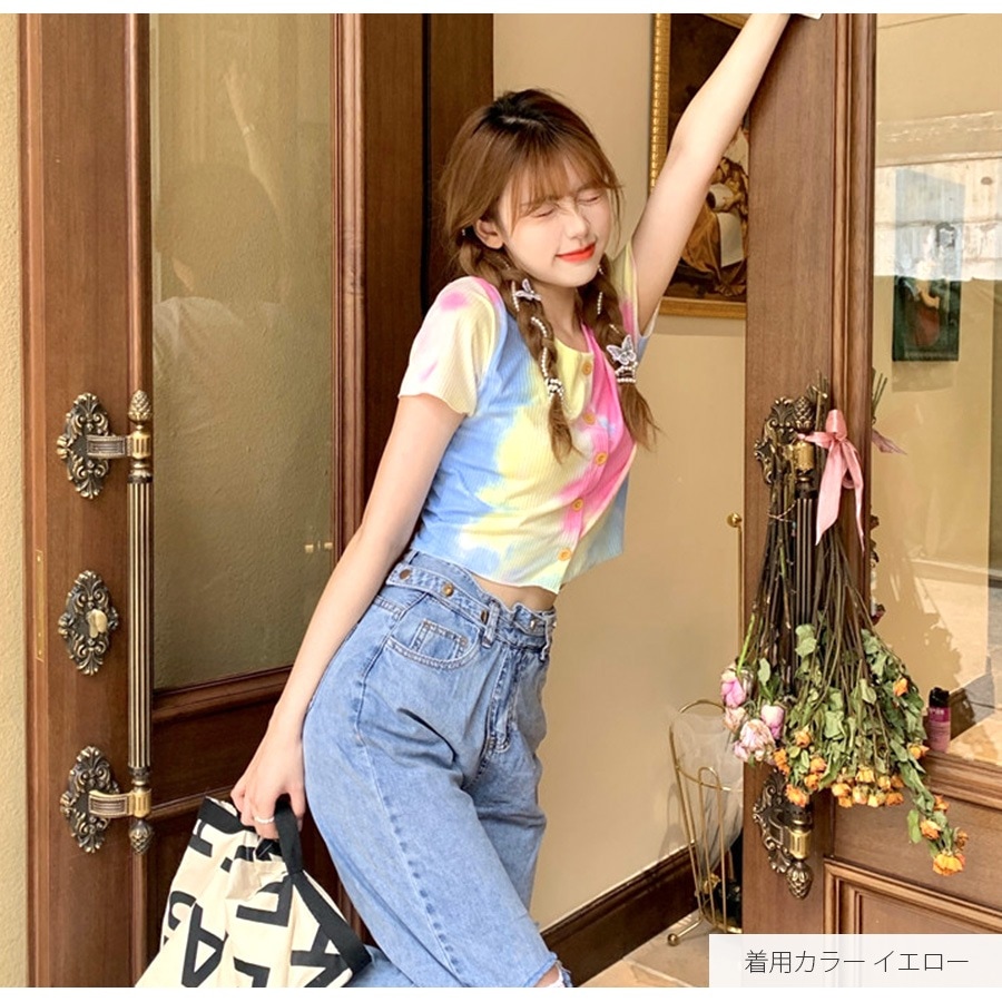 ショート丈トップス カットソー タイダイ柄 夏 リブ ボタン 半袖 カジュアル おしゃれ 韓国ファッション レディース 春 秋 ブルー 青 イエロー 黄色 パープル 紫 オレンジ フリーサイズ JOCOSA 7136