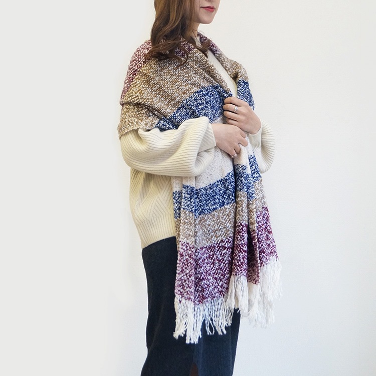 ストール 大判 レディース ボーダー ニット ヴィンテージ マフラー ざっくり編み マルチボーダー 起毛 春 夏 秋 冬 ショール羽織 ひざ掛け フリンジ 防寒 ピンク パープル ブルー ワインレッド JOCOSA 送料無料 即納 8612