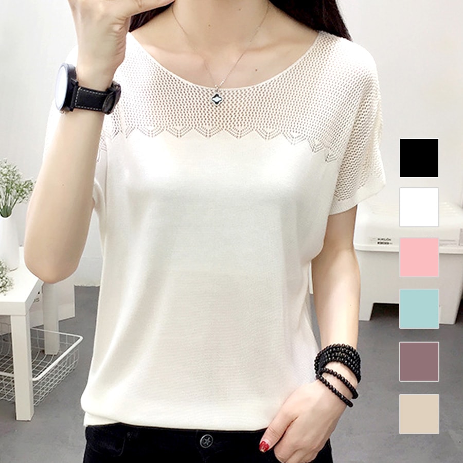サマーニット フレンチスリーブ レース編み トップス 韓国ファッション ラウンドネック 薄手 透け感 大人 キレイめ セクシー レディース 春 夏 秋 新作 ブラック 黒 ホワイト 白 ピンク ターコイズブルー 青 パープル 紫 ベージュ 茶 フリーサイズ JOCOSA 7080