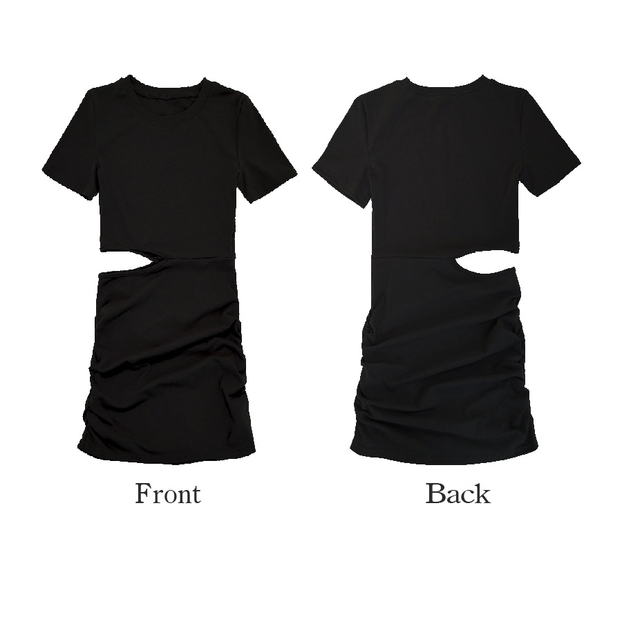 ワンピース 無地 ショート丈　ミニ丈 ワンピ カットオフ タイト 韓国ファッション レディース 春 新作 ブラック グレー サイドギャザー フリーサイズ JOCOSA 9254