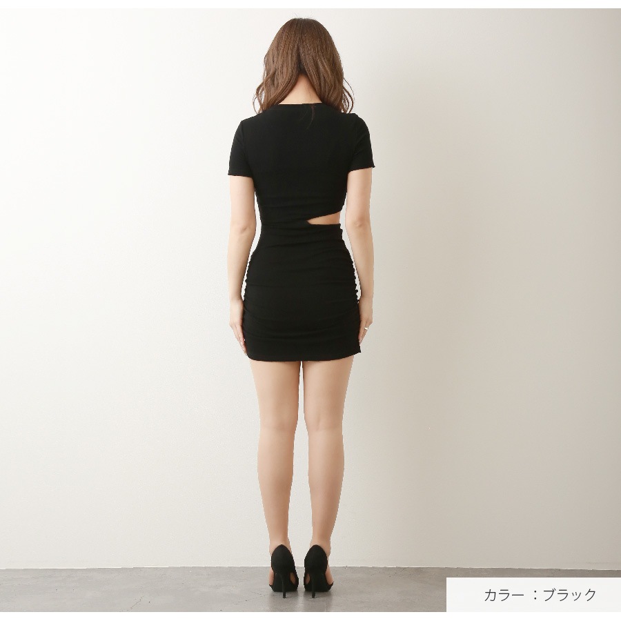 ワンピース 無地 ショート丈　ミニ丈 ワンピ カットオフ タイト 韓国ファッション レディース 春 新作 ブラック グレー サイドギャザー フリーサイズ JOCOSA 9254