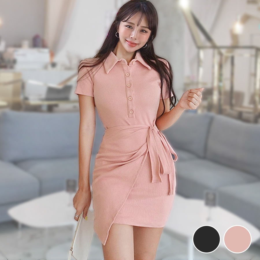 ポロシャツリボンミニワンピース レディース 春夏秋冬 新作 半袖 ラップスカート風 ショート丈 無地 ボタン タイト セクシー シンプル スポーティー 大人可愛い 韓国風 韓流 ブラック 黒 ピンク SML JOCOSA 8837 送料無料 即納
