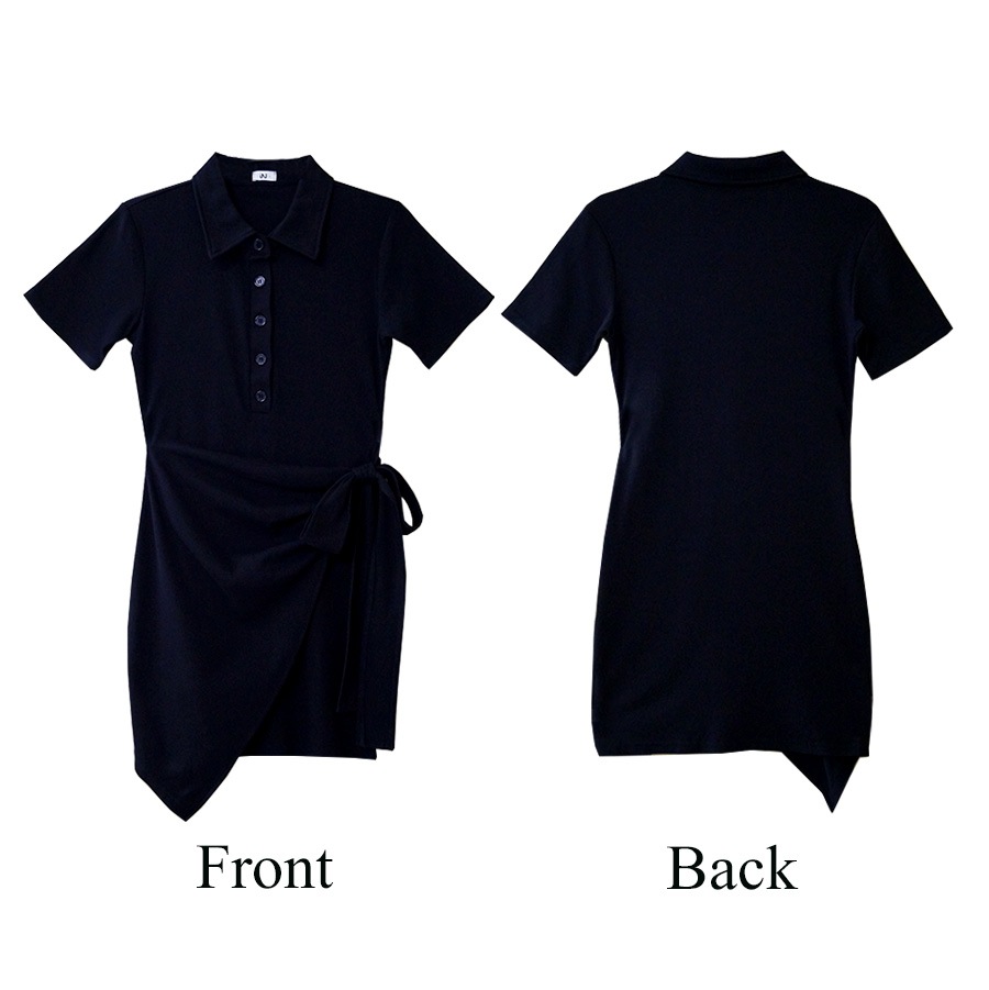 ポロシャツリボンミニワンピース レディース 春夏秋冬 新作 半袖 ラップスカート風 ショート丈 無地 ボタン タイト セクシー シンプル スポーティー 大人可愛い 韓国風 韓流 ブラック 黒 ピンク SML JOCOSA 8837 送料無料 即納