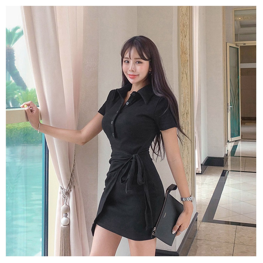 ポロシャツリボンミニワンピース レディース 春夏秋冬 新作 半袖 ラップスカート風 ショート丈 無地 ボタン タイト セクシー シンプル スポーティー 大人可愛い 韓国風 韓流 ブラック 黒 ピンク SML JOCOSA 8837 送料無料 即納