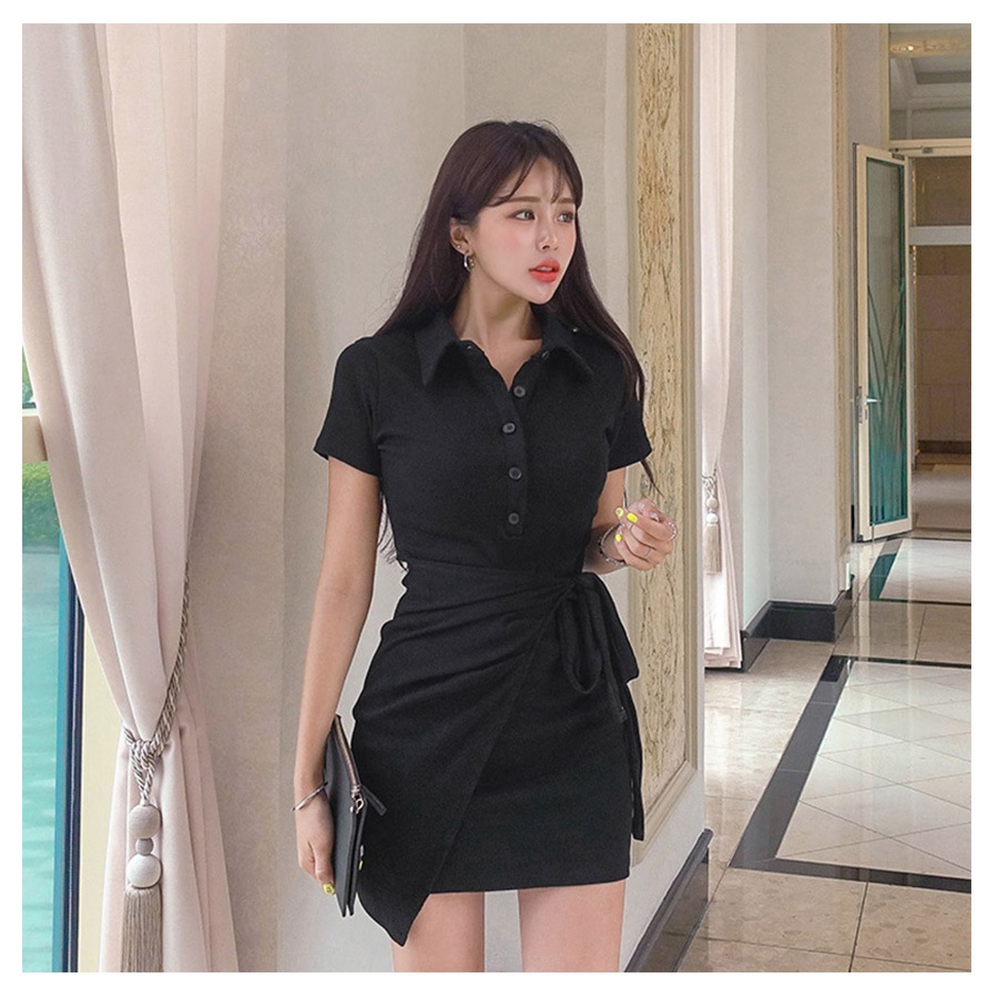 ポロシャツリボンミニワンピース レディース 春夏秋冬 新作 半袖 ラップスカート風 ショート丈 無地 ボタン タイト セクシー シンプル スポーティー 大人可愛い 韓国風 韓流 ブラック 黒 ピンク SML JOCOSA 8837 送料無料 即納