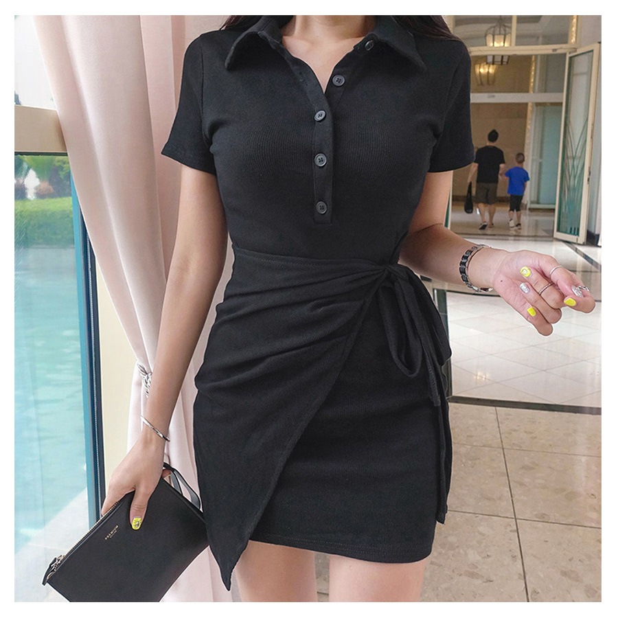 ポロシャツリボンミニワンピース レディース 春夏秋冬 新作 半袖 ラップスカート風 ショート丈 無地 ボタン タイト セクシー シンプル スポーティー 大人可愛い 韓国風 韓流 ブラック 黒 ピンク SML JOCOSA 8837 送料無料 即納