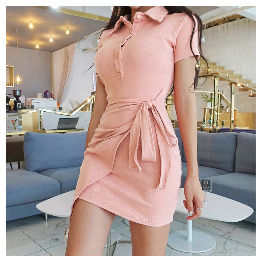 ポロシャツリボンミニワンピース レディース 春夏秋冬 新作 半袖 ラップスカート風 ショート丈 無地 ボタン タイト セクシー シンプル スポーティー 大人可愛い 韓国風 韓流 ブラック 黒 ピンク SML JOCOSA 8837 送料無料 即納