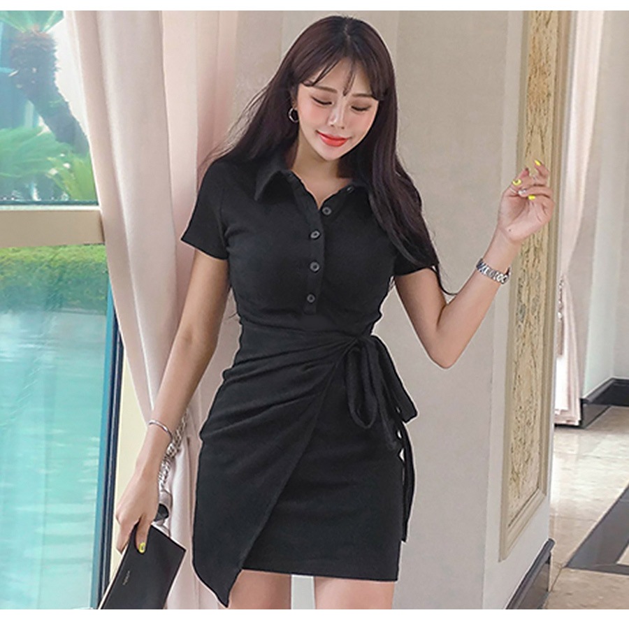 ポロシャツリボンミニワンピース レディース 春夏秋冬 新作 半袖 ラップスカート風 ショート丈 無地 ボタン タイト セクシー シンプル スポーティー 大人可愛い 韓国風 韓流 ブラック 黒 ピンク SML JOCOSA 8837 送料無料 即納