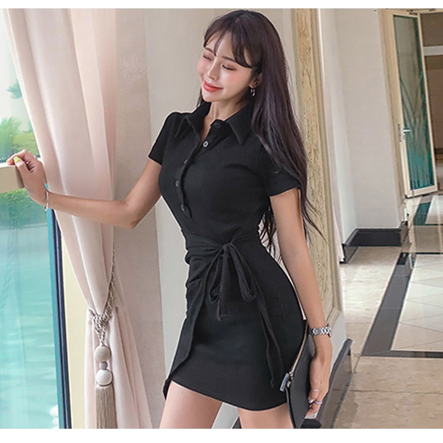 ポロシャツリボンミニワンピース レディース 春夏秋冬 新作 半袖 ラップスカート風 ショート丈 無地 ボタン タイト セクシー シンプル スポーティー 大人可愛い 韓国風 韓流 ブラック 黒 ピンク SML JOCOSA 8837 送料無料 即納