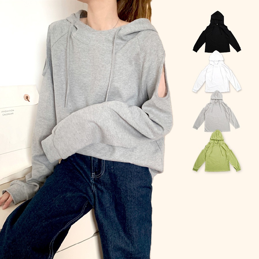 カットソー 肩出し フード付き 薄手 長袖 トップス ロンT パーカー スウェット オーバーサイズ 大きめ ラグランスリーブ 秋 春 無地 シンプル 韓国ファッション 大人 レディース ブラック ホワイト グレー グリーン M L JOCOSA 7159