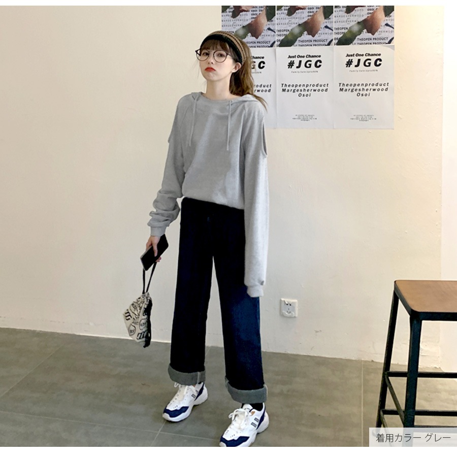 カットソー 肩出し フード付き 薄手 長袖 トップス ロンT