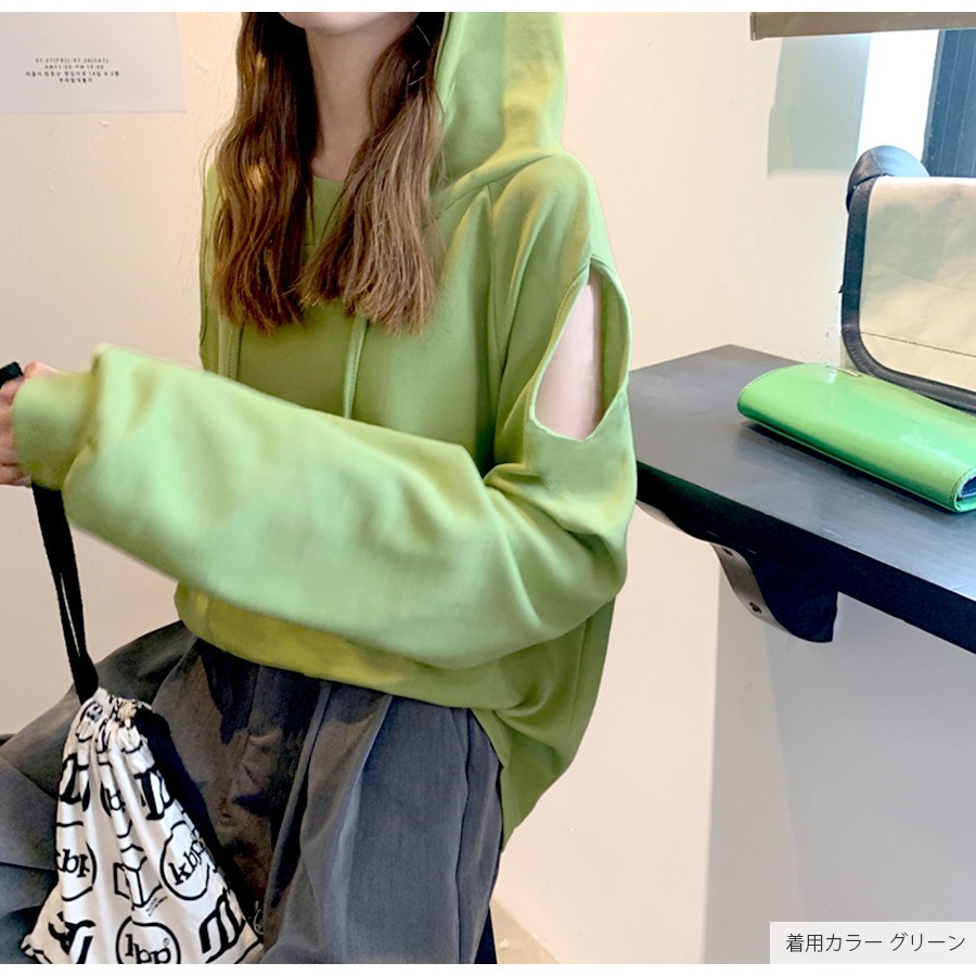 カットソー 肩出し フード付き 薄手 長袖 トップス ロンT パーカー