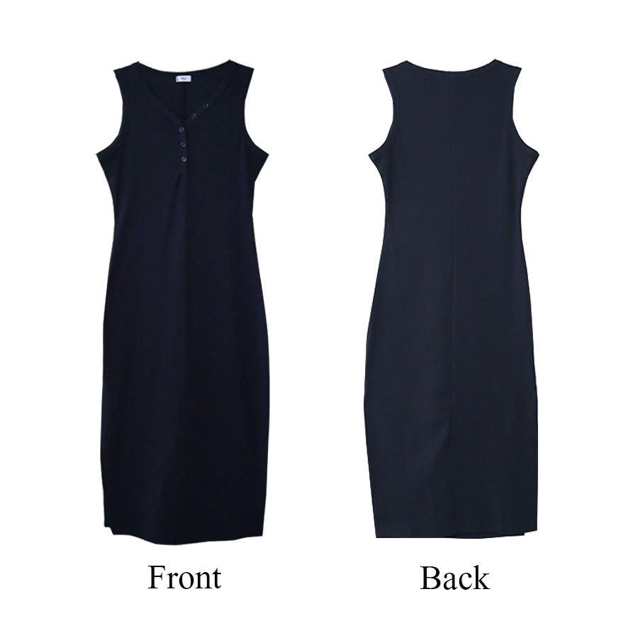 前ボタンVネックリブノースリーブワンピース レディース 春夏秋冬 新作 薄手 横スリット ロング シンプル 肌見せ タイト セクシーおしゃれ 大人可愛い 韓国風 韓流 ブラック 黒 ホワイト 白 ネイビー 紺 SML JOCOSA 8839 送料無料 即納