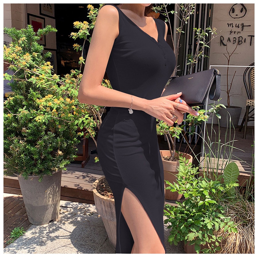 前ボタンVネックリブノースリーブワンピース レディース 春夏秋冬 新作