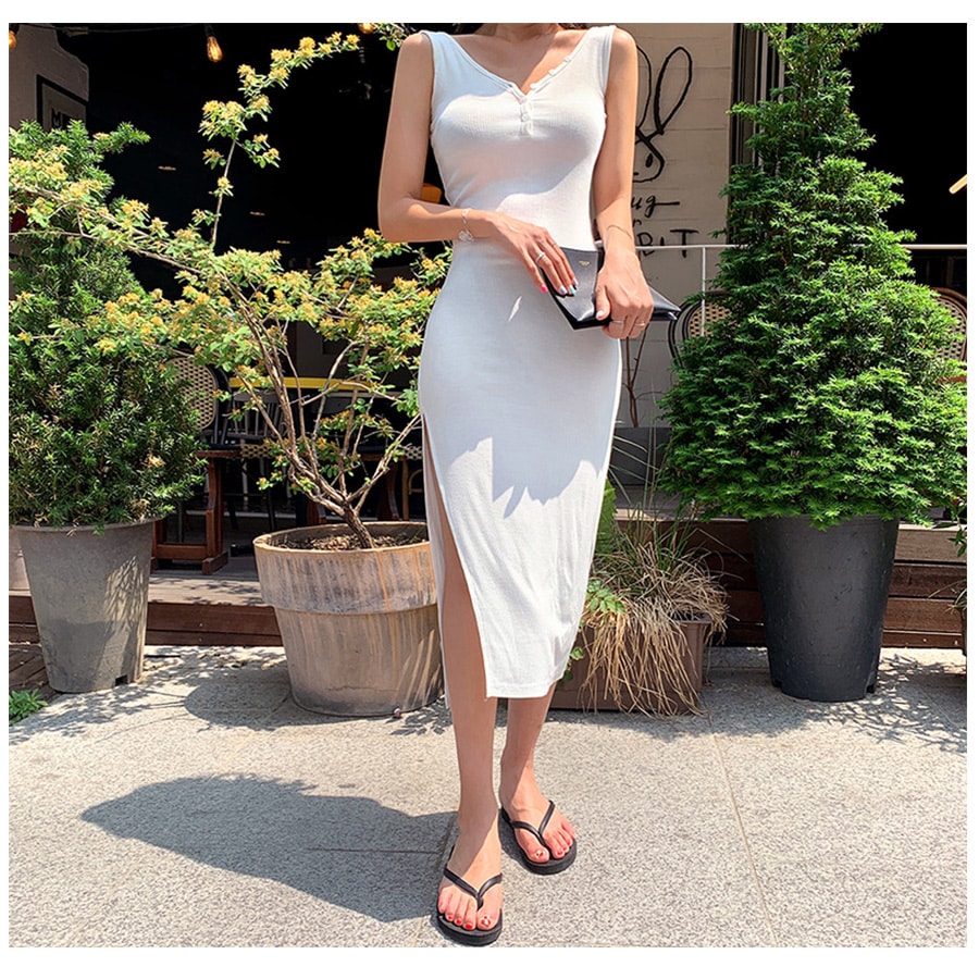 前ボタンVネックリブノースリーブワンピース レディース 春夏秋冬 新作 薄手 横スリット ロング シンプル 肌見せ タイト セクシーおしゃれ 大人可愛い 韓国風 韓流 ブラック 黒 ホワイト 白 ネイビー 紺 SML JOCOSA 8839 送料無料 即納