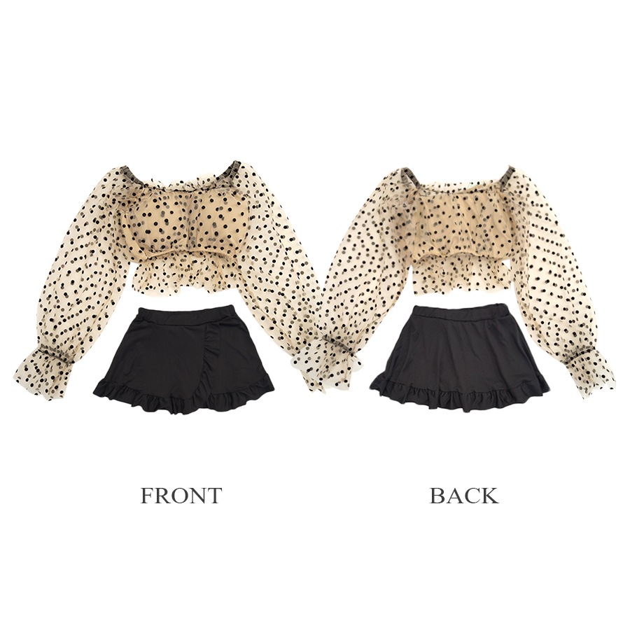 水着 ドット スカート ショートパンツ チュール 水着体型カバー 韓国ファッション 夏 セクシー 長袖 シースルー フリル パット付き カップ付き 大人 おしゃれ レディース 春 秋 新作 ブラック ブルー M L JOCOSA 9805