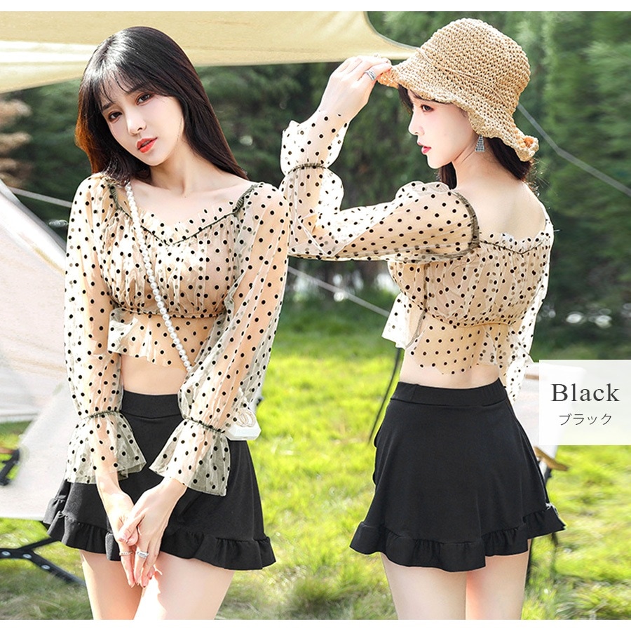 水着 ドット スカート ショートパンツ チュール 水着体型カバー 韓国ファッション 夏 セクシー 長袖 シースルー フリル パット付き カップ付き 大人 おしゃれ レディース 春 秋 新作 ブラック ブルー M L JOCOSA 9805