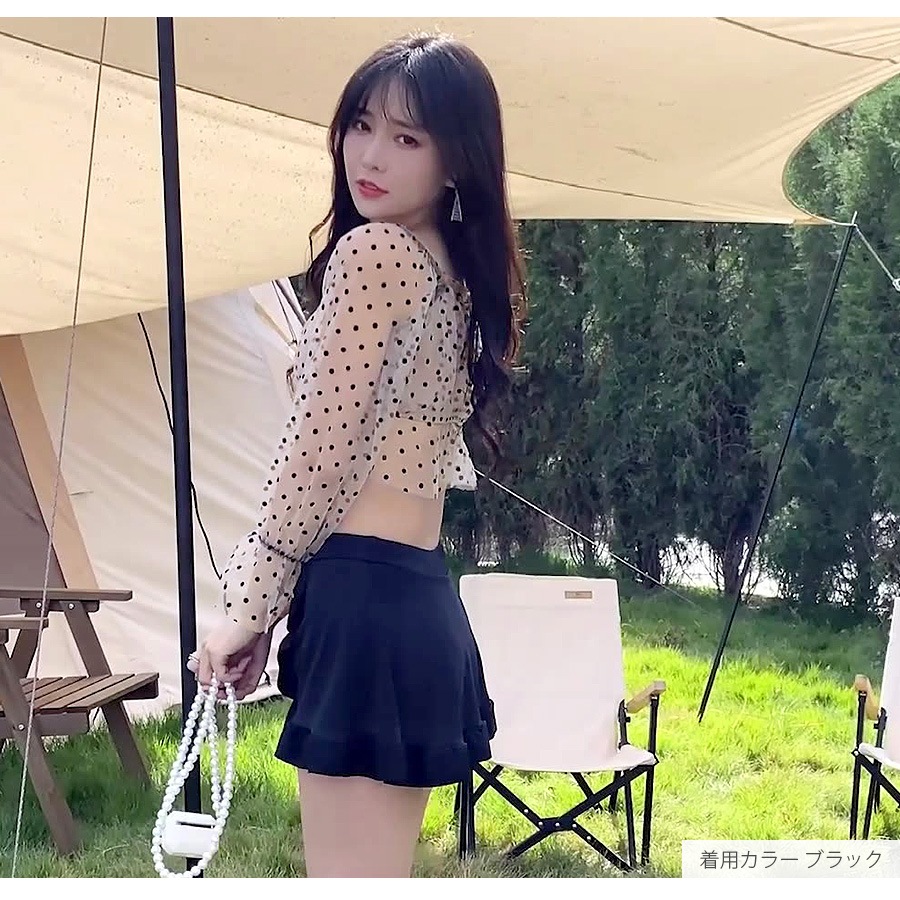 水着 ドット スカート ショートパンツ チュール 水着体型カバー 韓国ファッション 夏 セクシー 長袖 シースルー フリル パット付き カップ付き 大人 おしゃれ レディース 春 秋 新作 ブラック ブルー M L JOCOSA 9805