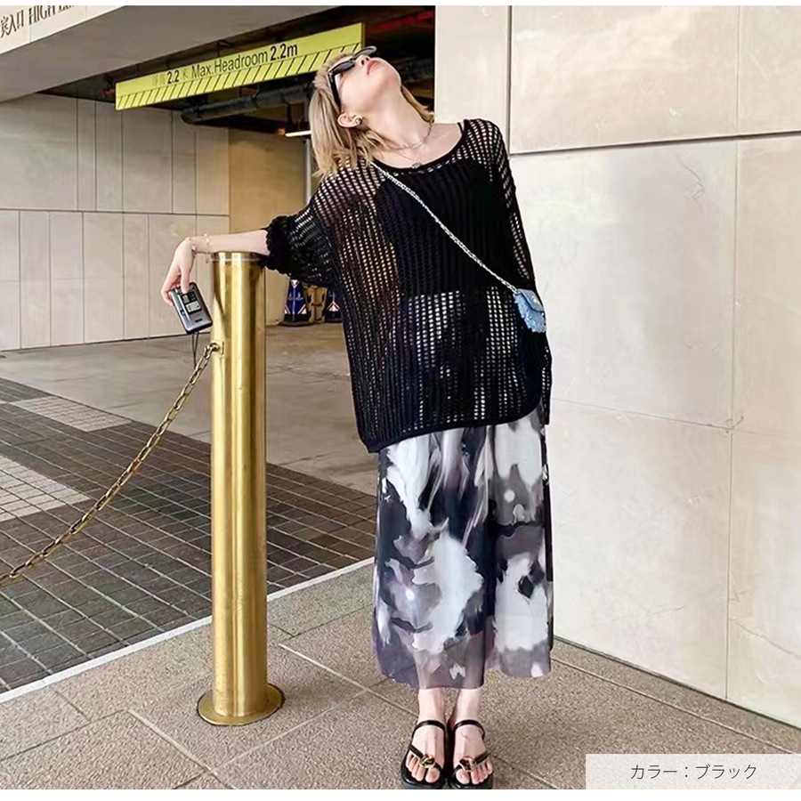 ニットトップス レディース　メッシュ 透かし編み 透け セーター 体型カバー 長袖 プルオーバー JOCOSA 7253