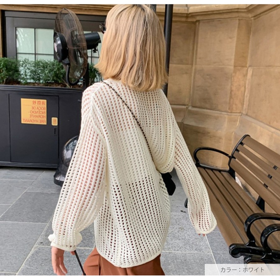 ニットトップス レディース　メッシュ 透かし編み 透け セーター 体型カバー 長袖 プルオーバー JOCOSA 7253