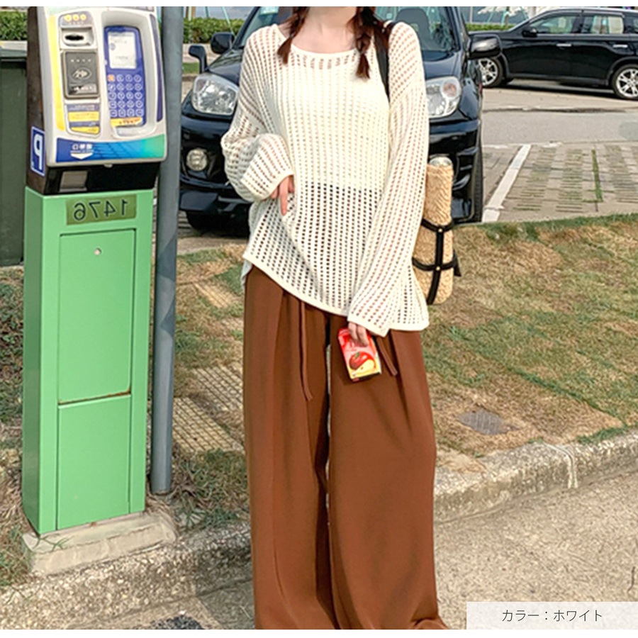 ニットトップス レディース　メッシュ 透かし編み 透け セーター 体型カバー 長袖 プルオーバー JOCOSA 7253
