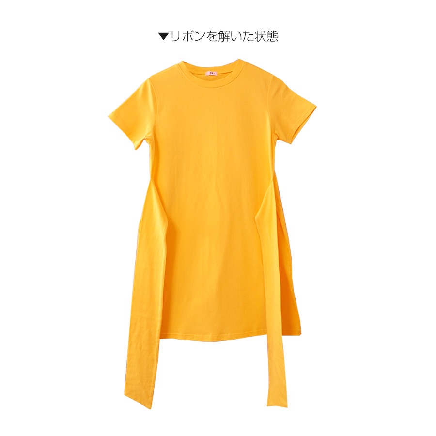 フロントリボンミニワンピース レディース 春夏秋冬 新作 半袖 ショート丈 無地 シンプル セクシー 大人可愛い デート 女子会 韓国風 韓流 ブラック 黒 イエロー 黄色 S JOCOSA 8840 送料無料 即納