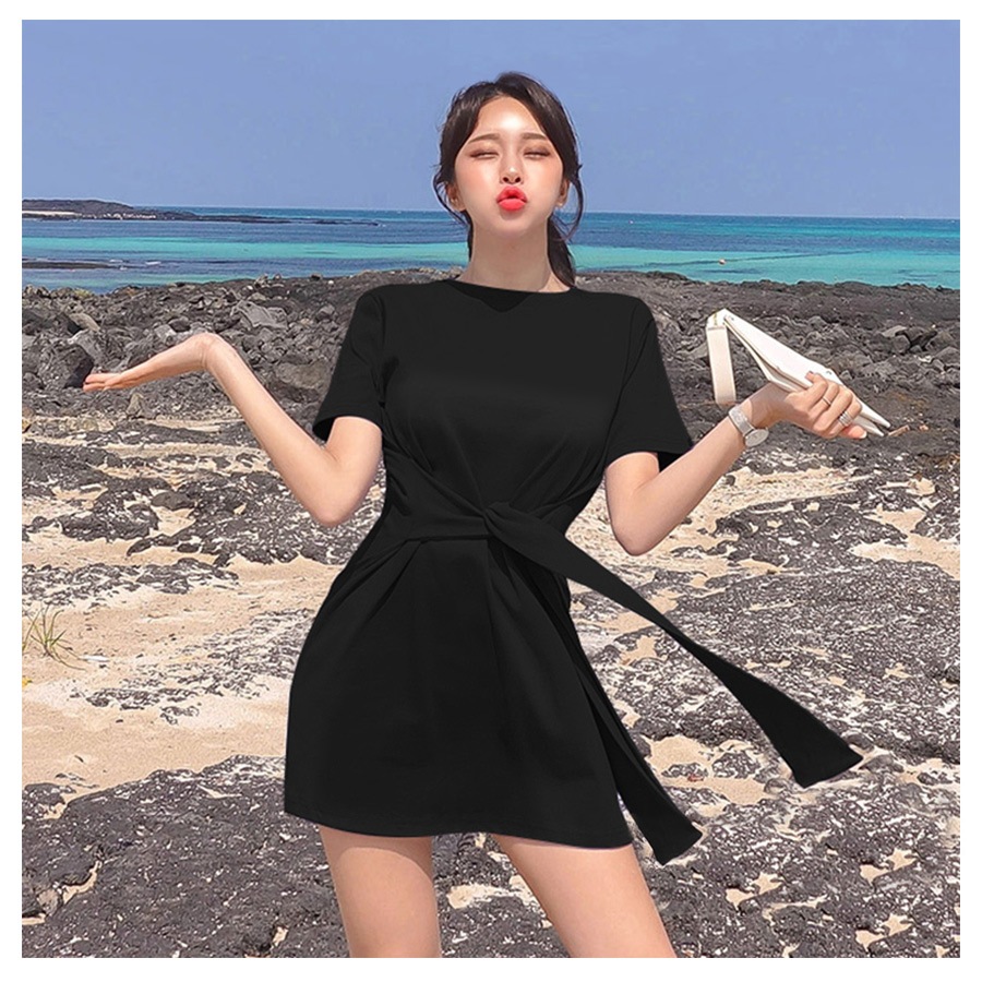 フロントリボンミニワンピース レディース 春夏秋冬 新作 半袖 ショート丈 無地 シンプル セクシー 大人可愛い デート 女子会 韓国風 韓流 ブラック 黒 イエロー 黄色 S JOCOSA 8840 送料無料 即納