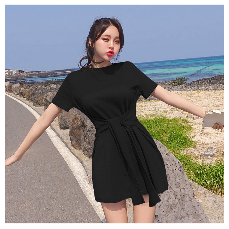 フロントリボンミニワンピース レディース 春夏秋冬 新作 半袖 ショート丈 無地 シンプル セクシー 大人可愛い デート 女子会 韓国風 韓流 ブラック 黒 イエロー 黄色 S JOCOSA 8840 送料無料 即納