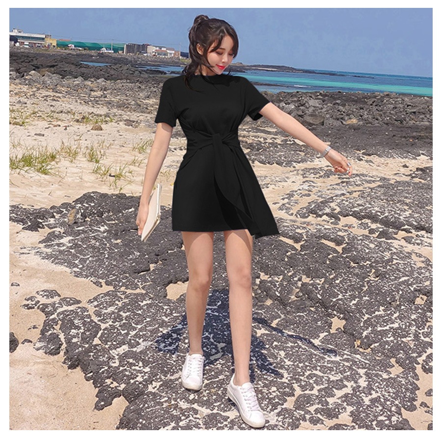 フロントリボンミニワンピース レディース 春夏秋冬 新作 半袖 ショート丈 無地 シンプル セクシー 大人可愛い デート 女子会 韓国風 韓流 ブラック 黒 イエロー 黄色 S JOCOSA 8840 送料無料 即納