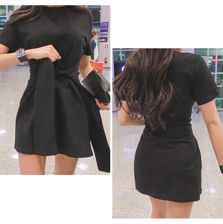 フロントリボンミニワンピース レディース 春夏秋冬 新作 半袖 ショート丈 無地 シンプル セクシー 大人可愛い デート 女子会 韓国風 韓流 ブラック 黒 イエロー 黄色 S JOCOSA 8840 送料無料 即納