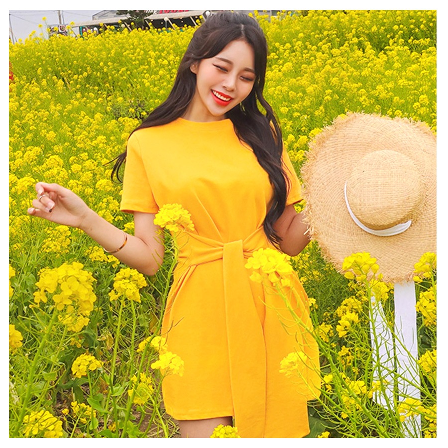 フロントリボンミニワンピース レディース 春夏秋冬 新作 半袖 ショート丈 無地 シンプル セクシー 大人可愛い デート 女子会 韓国風 韓流 ブラック 黒 イエロー 黄色 S JOCOSA 8840 送料無料 即納