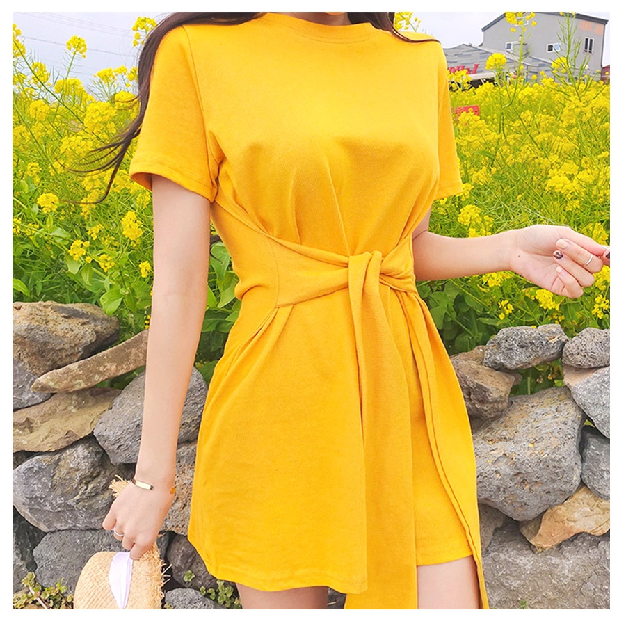 フロントリボンミニワンピース レディース 春夏秋冬 新作 半袖 ショート丈 無地 シンプル セクシー 大人可愛い デート 女子会 韓国風 韓流 ブラック 黒 イエロー 黄色 S JOCOSA 8840 送料無料 即納