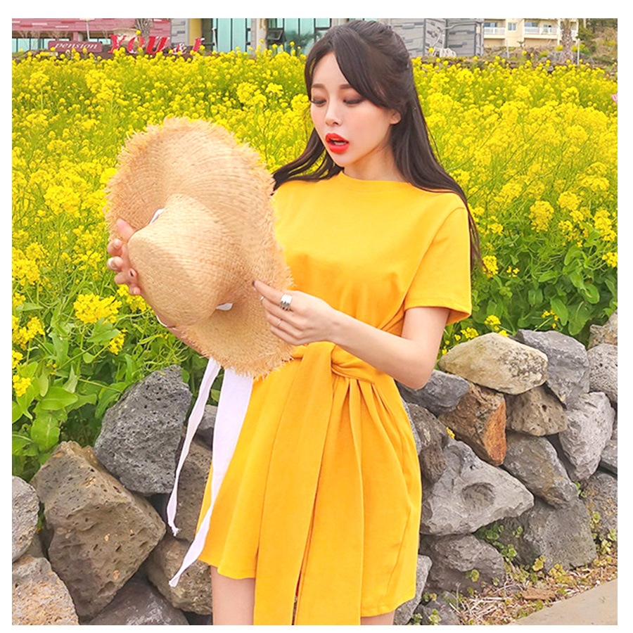 フロントリボンミニワンピース レディース 春夏秋冬 新作 半袖 ショート丈 無地 シンプル セクシー 大人可愛い デート 女子会 韓国風 韓流 ブラック 黒 イエロー 黄色 S JOCOSA 8840 送料無料 即納