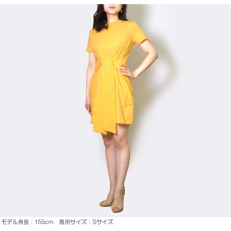 フロントリボンミニワンピース レディース 春夏秋冬 新作 半袖 ショート丈 無地 シンプル セクシー 大人可愛い デート 女子会 韓国風 韓流 ブラック 黒 イエロー 黄色 S JOCOSA 8840 送料無料 即納